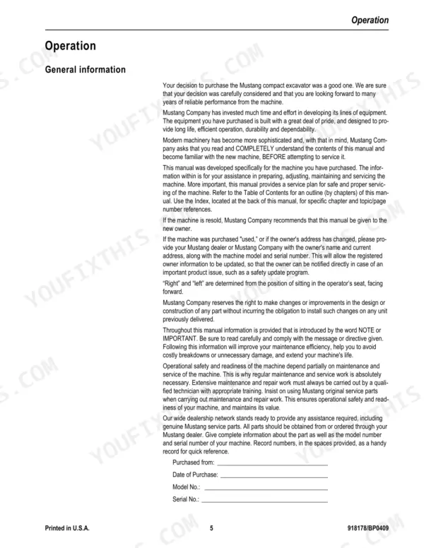 Mustang 5003ZT service manual general operation information page with owner record fields for model and serial numbers.