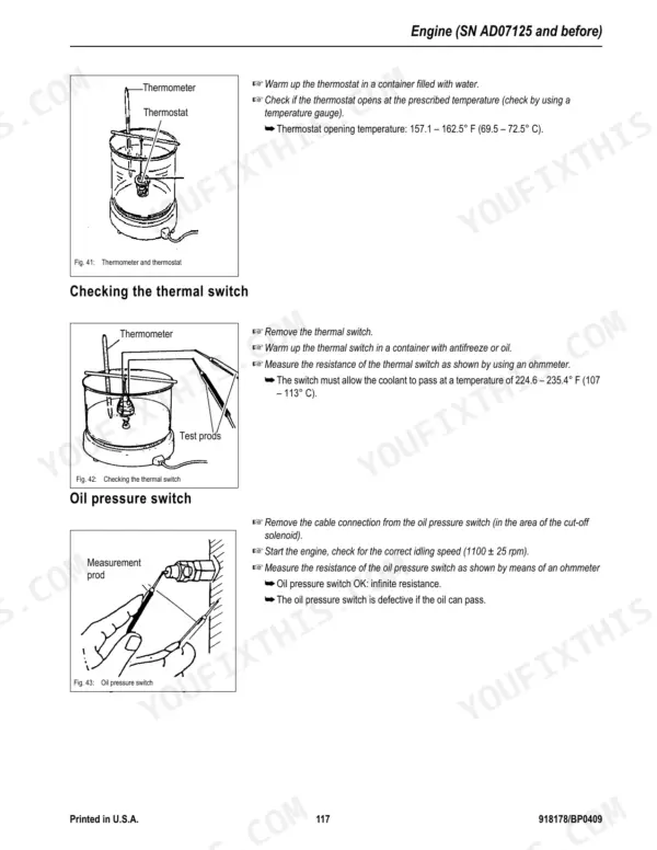 Mustang 5003ZT engine service manual: testing procedures for thermostat, thermal switch, and oil pressure switch.