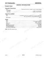 mustang-519-telehandler-service-manual-913302-specs-21.webp Mustang 519 telehandler general specifications table for powertrain, hydrostatic transmission, axles, and Deutz engine.