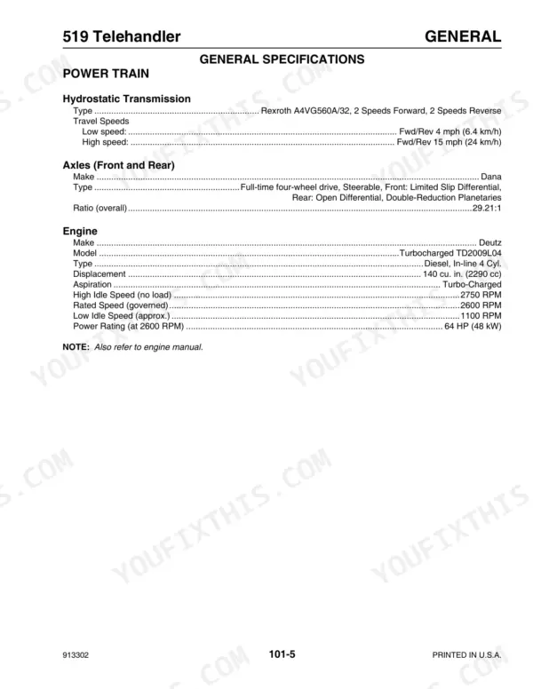 Mustang 519 telehandler general specifications table for powertrain, hydrostatic transmission, axles, and Deutz engine.