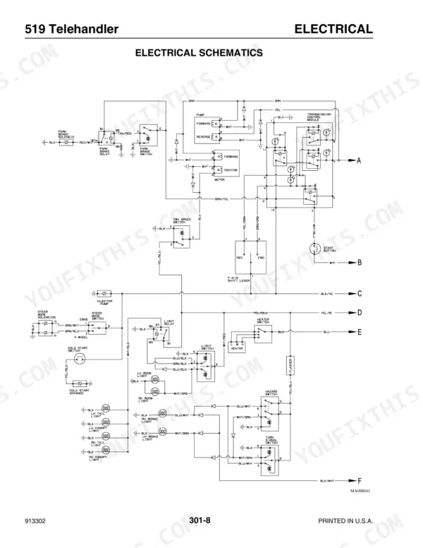 Mustang 519 telehandler electrical schematic showing park brake, transmission control, lighting, and heater circuits.