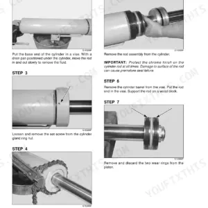 Mustang 634 telehandler hydraulic cylinder repair procedure steps 2 through 7 showing gland nut and piston removal.