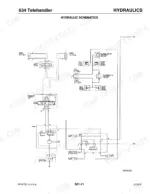 mustang-634-telehandler-service-manual-913251-hydraulic-158.webp Mustang 634 telehandler hydraulic schematic showing steering control, brake system, pump, and flow divider components.