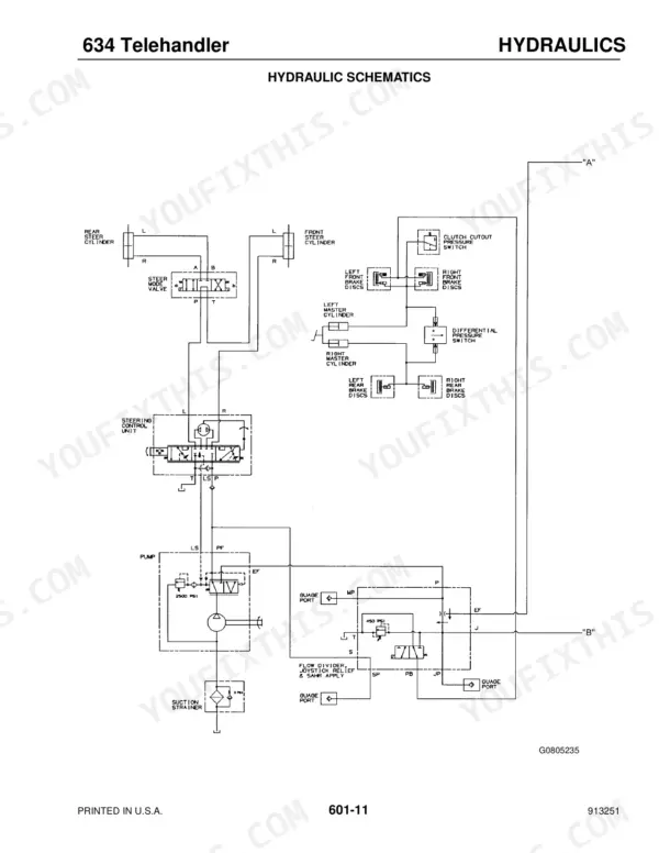 Mustang 634 telehandler hydraulic schematic showing steering control, brake system, pump, and flow divider components.