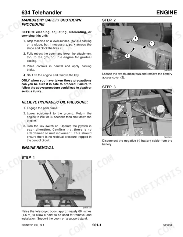 Mustang 634 telehandler engine removal, safety shutdown, hydraulic pressure relief, and battery access procedures.