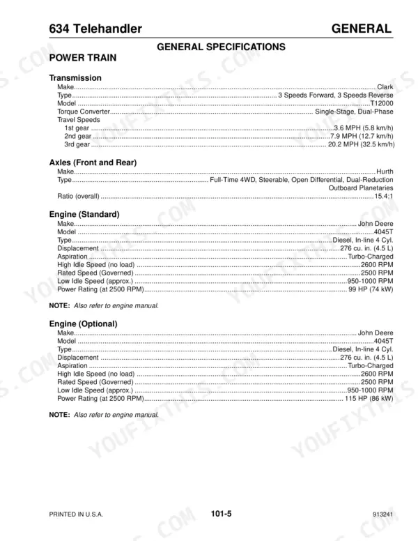 Mustang 634 telehandler general specifications table for powertrain, transmission, axles, and John Deere engine details.