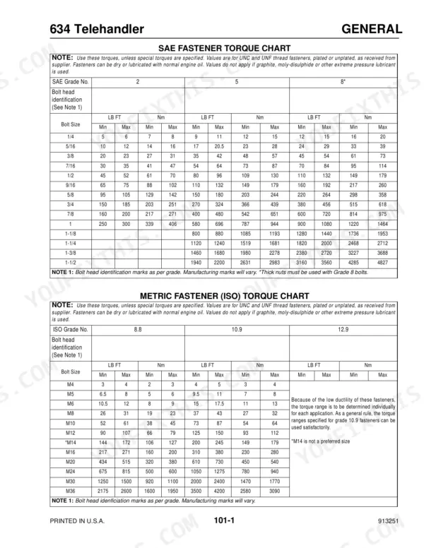 Mustang 634 service manual SAE and Metric fastener torque charts for various bolt sizes and grades in LB FT and Nm.