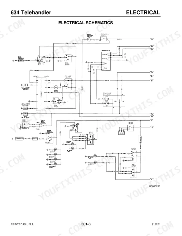 Mustang 634 telehandler electrical schematic showing transmission, brake, lighting, and heater control circuits.