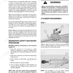 Mustang 642, 844 telehandler hydraulic cylinder repair, disassembly procedures, and safety shutdown instructions.