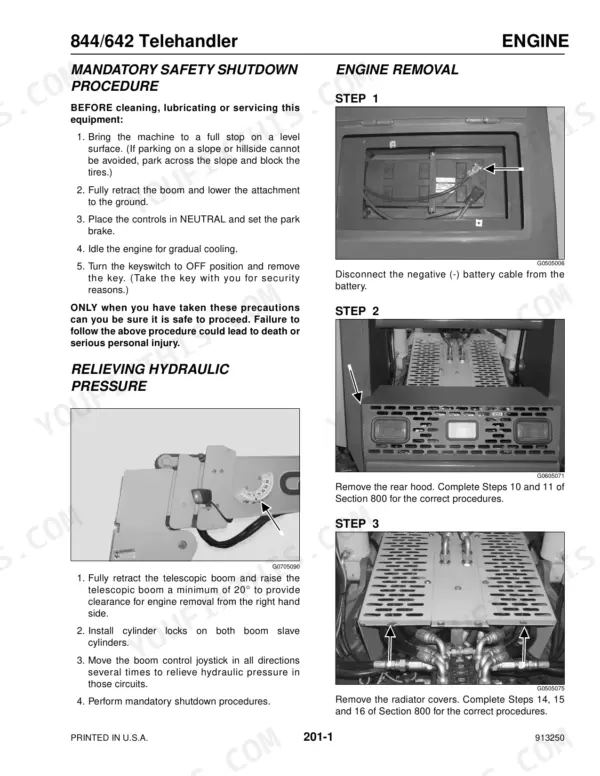 Mustang 642, 844 engine removal procedure, battery disconnection, hydraulic pressure relief, and rear hood removal steps.