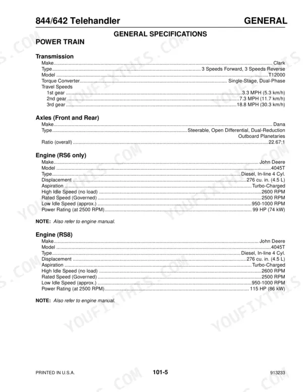 Mustang 642, 844 telehandler general specifications table for powertrain, transmission, axles, and John Deere engines.