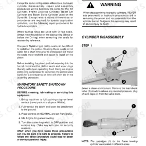 Mustang 742, 744, 944, 1155 hydraulic cylinder repair, disassembly procedures, safety shutdown, and valve block diagrams.