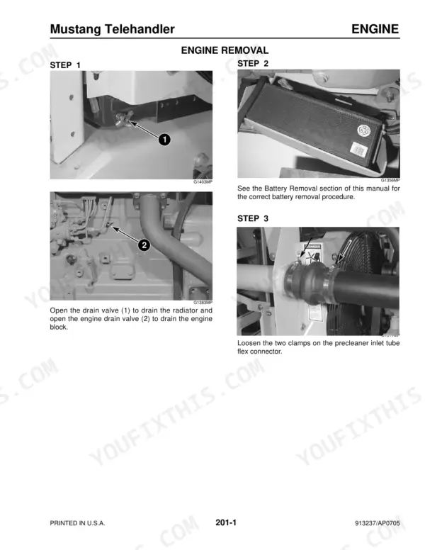 Mustang 742, 744, 944, 1155 engine removal procedure showing radiator drain, battery, and precleaner inlet tube.