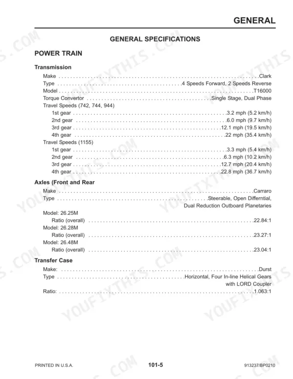 Mustang 742, 744, 944, 1155 power train specifications table for transmission, travel speeds, axles, and transfer case.