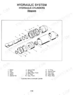 mustang-920-930a-skid-steer-loader-service-manual-008-12909-exploded-view-47.webp Mustang 920, 930A hydraulic cylinder exploded view diagram showing barrel, rod, piston, gland, seals, and O-rings.