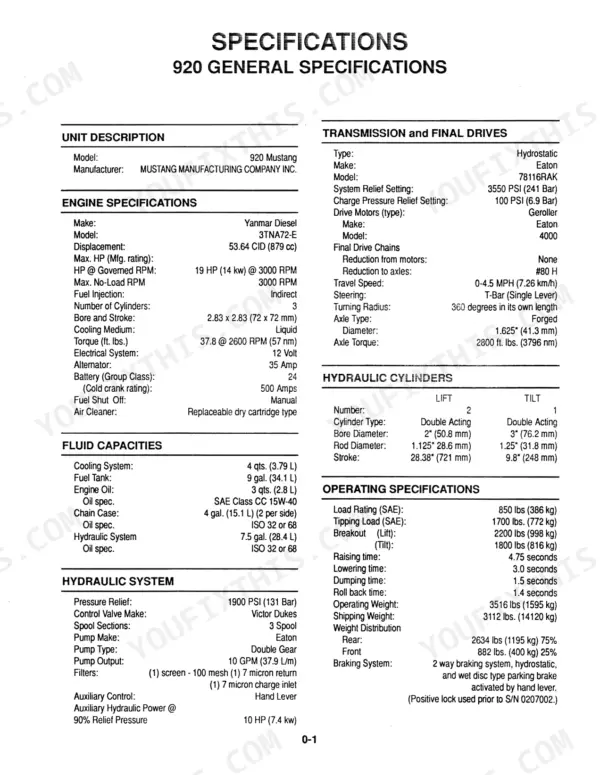 Mustang 920, 930A general specifications table including engine, transmission, hydraulic, and operating data.