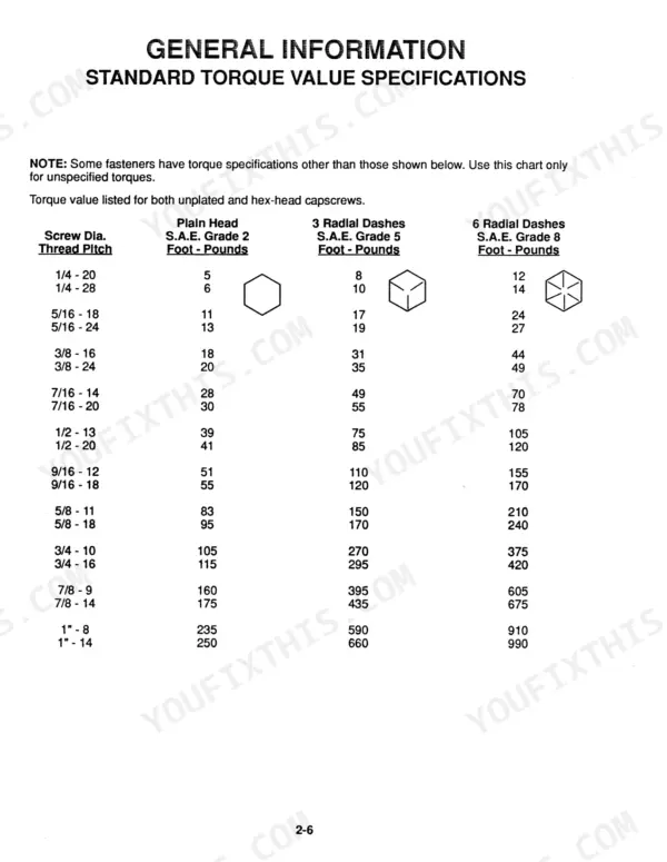 Mustang 920, 930A service manual page showing standard SAE Grade 2, 5, and 8 torque value specifications table.