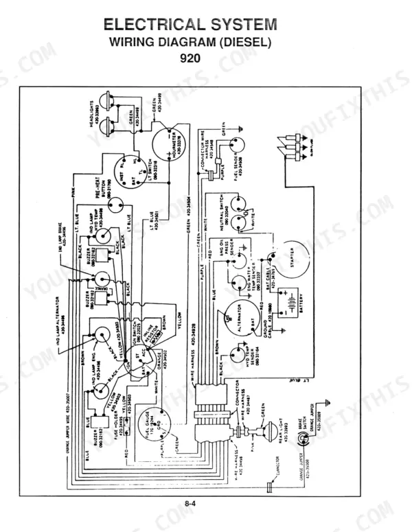 Mustang 920, 930A electrical system wiring diagram for diesel models showing battery, starter, and gauge components.