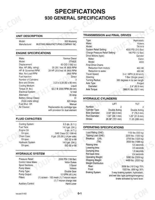Mustang 930, 940, 960, 920E, 930A, 940E general specifications table for engine, transmission, hydraulics, and capacities.