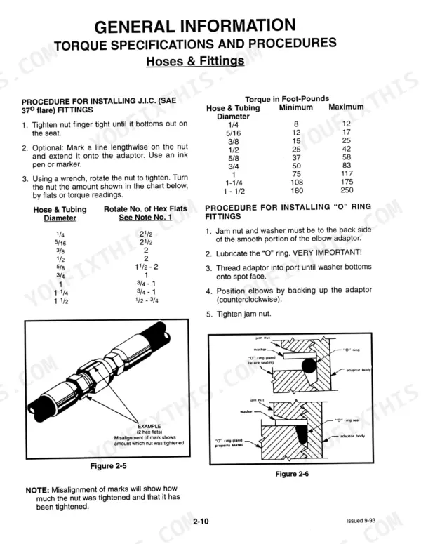 Mustang 930, 940, 960, 920E, 930A, 940E torque specs and installation procedures for JIC and O-ring hose fittings.