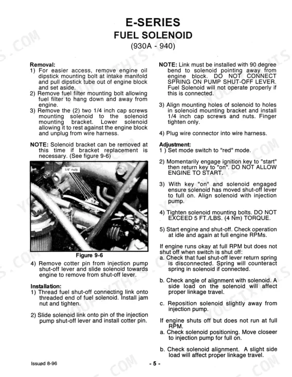 Mustang 930, 940, 960, 920E, 930A, 940E fuel solenoid removal, installation, and adjustment procedures with diagram.