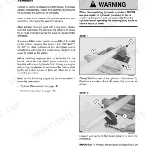 Mustang AL 406, AL506 hydraulic cylinder disassembly procedure steps, including clamping and head gland removal.