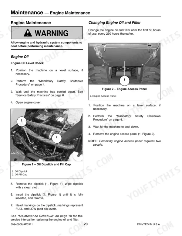 Mustang AL 406, AL506 engine maintenance procedures for oil level check, oil filter change, and engine access panel removal.