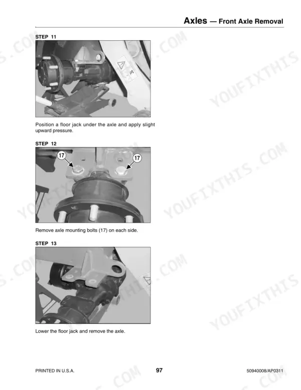 Mustang AL 406, AL506 service manual page showing steps 11-13 for front axle removal, including mounting bolt removal.