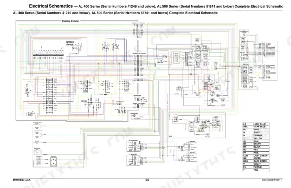 Mustang AL 406, AL506 complete electrical schematic diagram showing connectors, ignition switch, and lighting circuits.