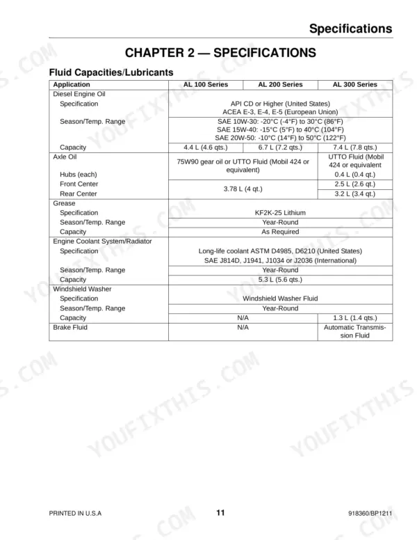 Mustang AL 106, AL206, AL306 specifications table for fluid capacities, lubricants, and oil types for AL series models.