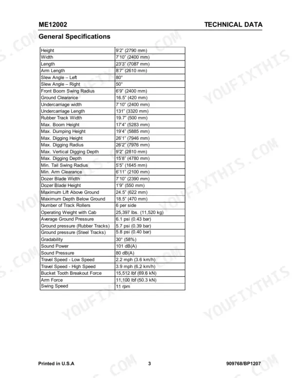 Mustang ME12002 general specifications table listing dimensions, weights, pressures, and performance data.