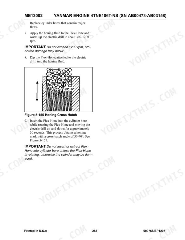 Mustang ME12002 Yanmar engine cylinder bore honing procedure and cross-hatch angle diagram.