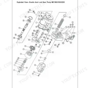 Mustang ME1503, ME1903, ME2203 service manual exploded view of the double axial and gear hydraulic pump assembly.
