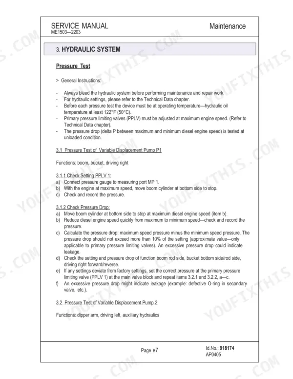 Mustang ME1503, ME1903, ME2203 service manual hydraulic system pressure test procedures for variable displacement pumps.