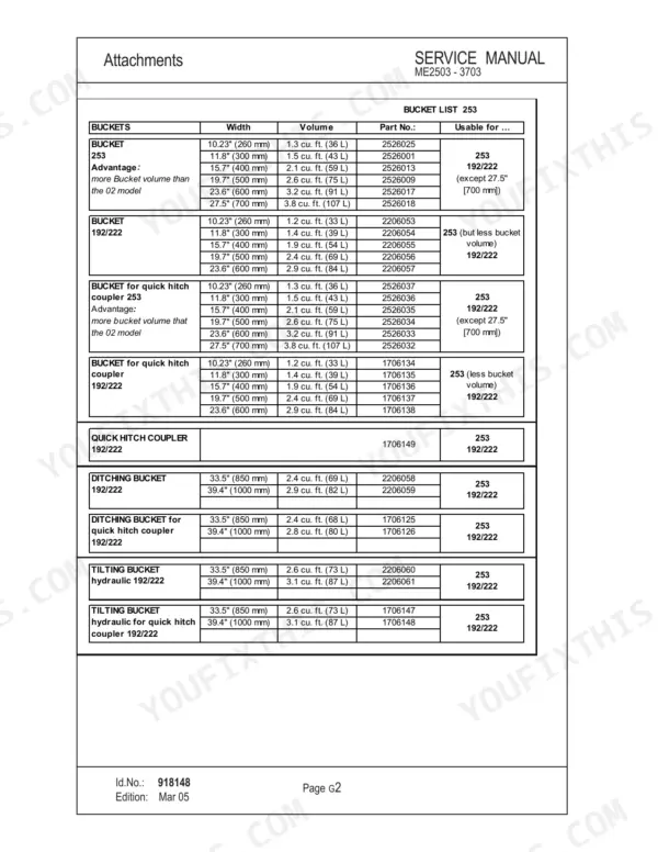 Mustang ME2503, ME3003, ME3503, ME3703 service manual table listing bucket specifications, part numbers, and dimensions.