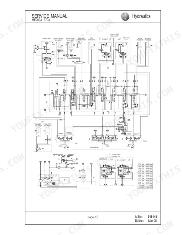 Mustang ME2503, ME3003, ME3503, ME3703 hydraulic system schematic diagram showing control valves and travel units.