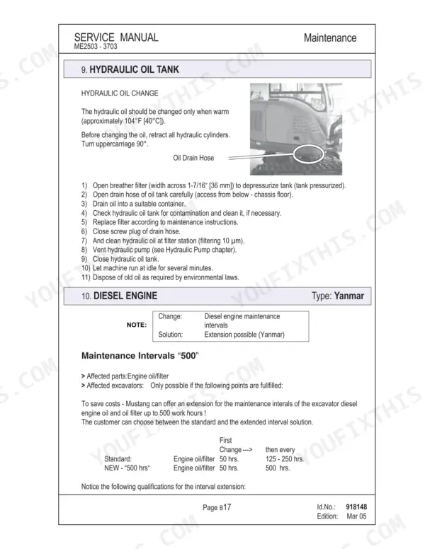 Mustang ME2503, ME3003, ME3503, ME3703 hydraulic oil change procedure and Yanmar diesel engine maintenance intervals.
