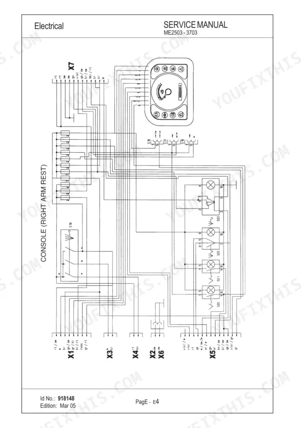 Mustang ME2503, ME3003, ME3503, ME3703 electrical wiring diagram for the right arm rest console and instrument cluster.