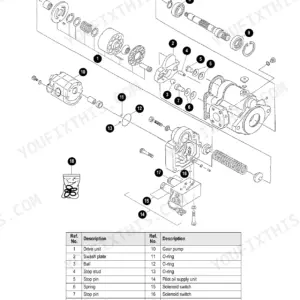 Mustang ME3803ZT exploded view of hydraulic pump unit with parts list including drive unit, swash plate, and gear pump.