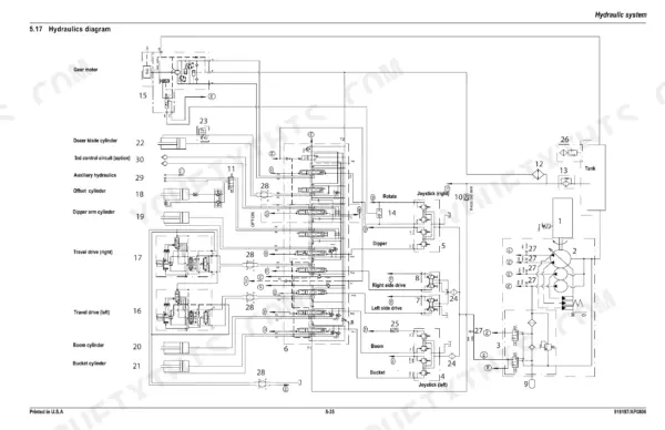 Mustang ME3803ZT hydraulic system schematic showing cylinders, joysticks, travel drives, and pump components.