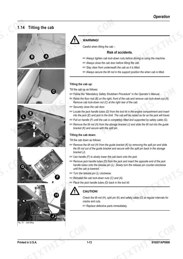 Mustang ME3803ZT service manual page showing procedures for tilting the cab up and down with component diagrams.