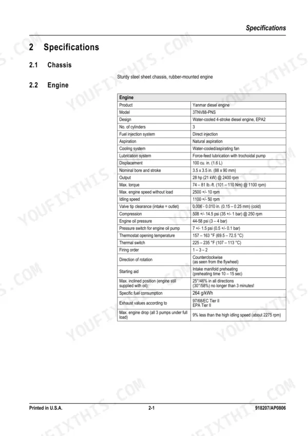 Mustang ME3803ZT service manual specifications table for Yanmar 3TNV88-PNS diesel engine technical data.