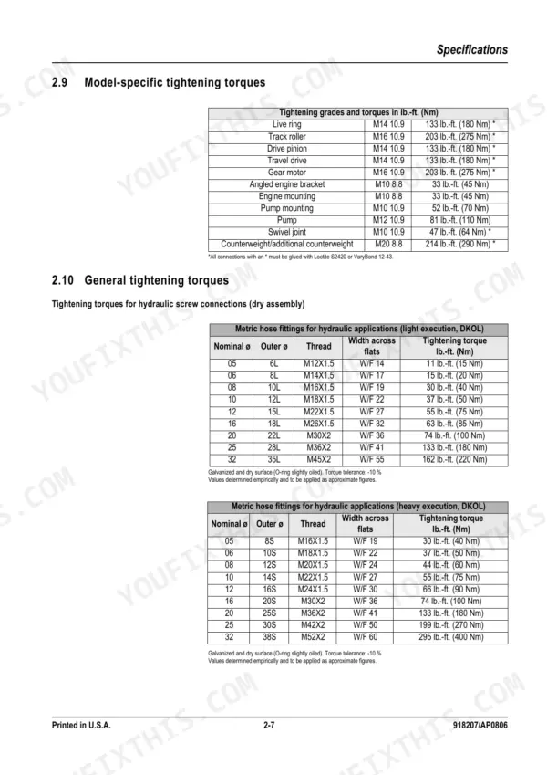 Mustang ME3803ZT torque specification tables for model-specific components and hydraulic hose fittings.