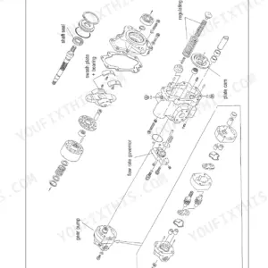 Mustang ME5002, ME6002, ME6502 exploded view of hydraulic pump unit showing swash plate, gear pump, and flow governor.