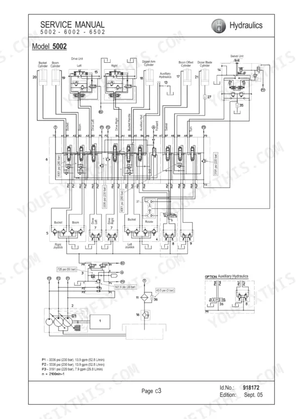 Mustang ME5002, ME6002, ME6502 hydraulic system diagram showing cylinders, joysticks, and pump pressure specifications.