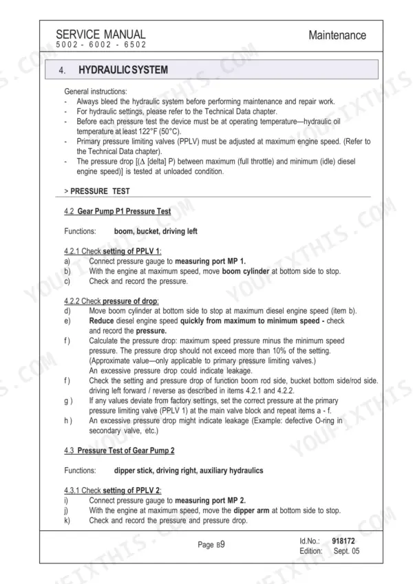 Mustang ME5002, ME6002, ME6502 hydraulic system maintenance procedures for gear pump P1 and P2 pressure testing.