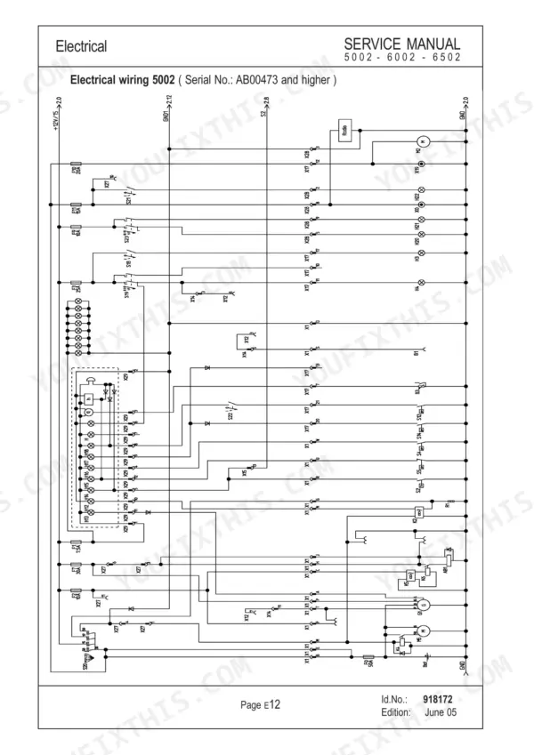 Mustang ME5002, ME6002, ME6502 electrical wiring diagram for serial numbers AB00473 and higher, showing fuses and components.