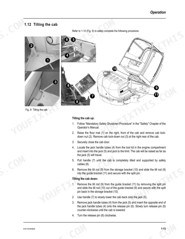 Mustang ME6003 service manual procedure for tilting the cab up and down using the jack, handle, and tilt rod components.