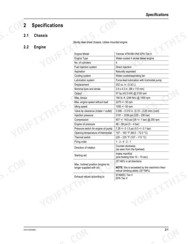Mustang ME6003 service manual page showing Yanmar 4TNV98-VNS engine specifications, including torque, pressure, and clearances.