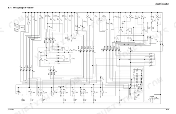 Mustang ME6003 electrical system wiring diagram version 1 showing relays, fuses, switches, and connector pinouts.